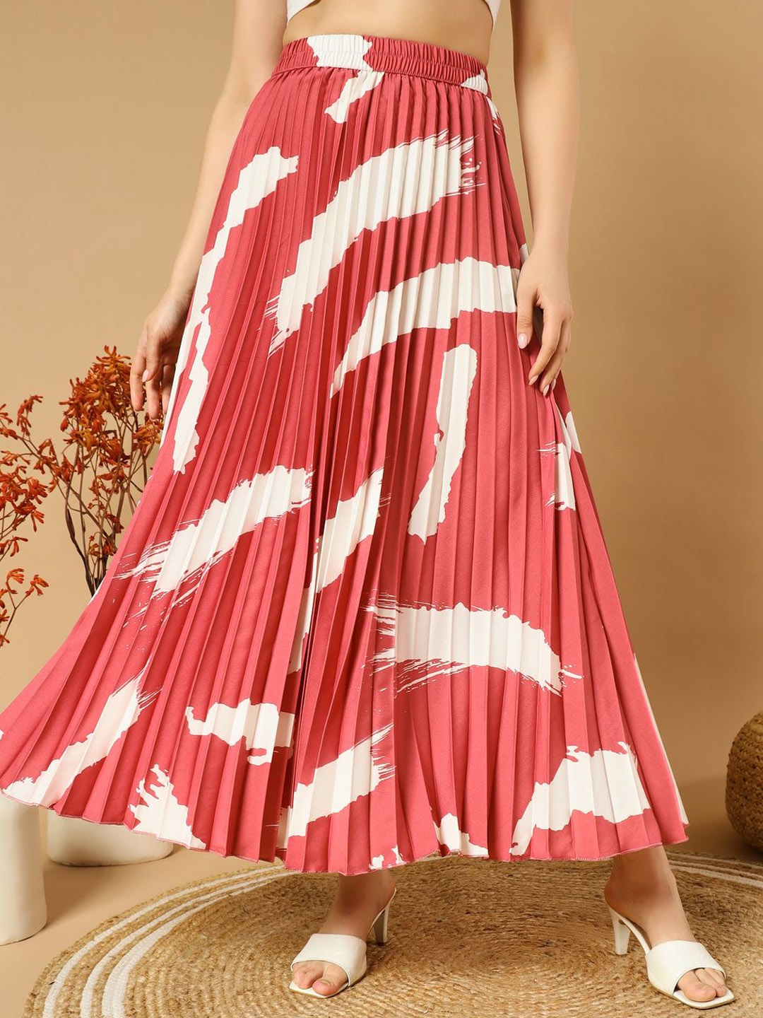 

ZWERLON Women Printed Pleated A-Line Maxi Skirt, Pink