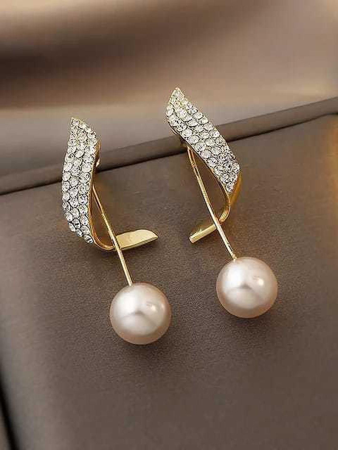 

Celestique Artificial Stones Studded And Pearls Beads Contemporary Shaped Drop Earrings, Gold