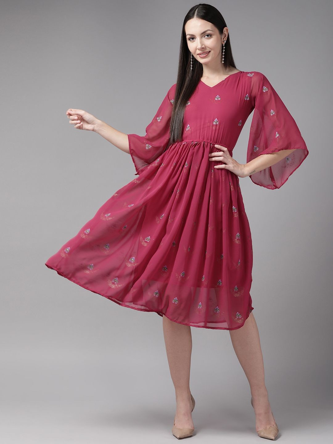 

CORSICA Floral Flared Sleeve Georgette Dress, Pink