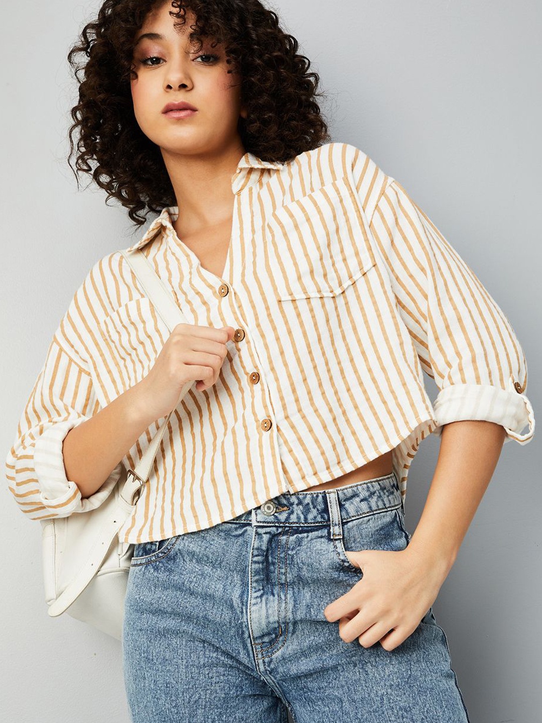 

max Women Boxy Fit Spread Collar Vertical Striped Cotton Casual Shirt, Beige