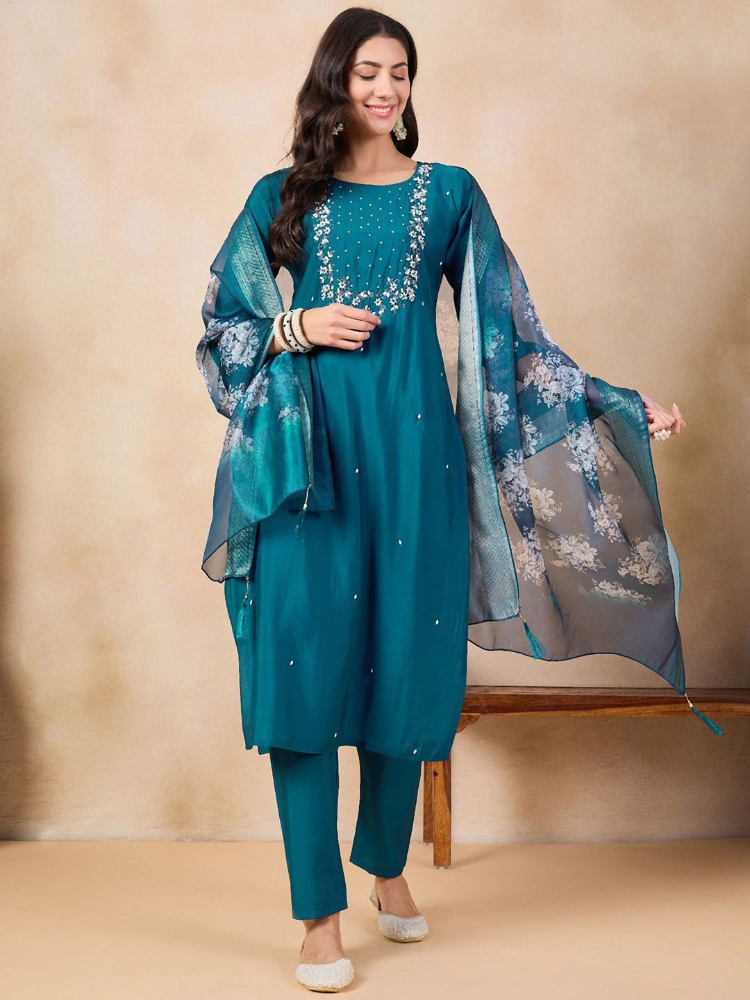 

KALINI Ethnic Motifs Embroidered Chanderi Silk Straight Kurta With Trousers And Dupatta, Teal