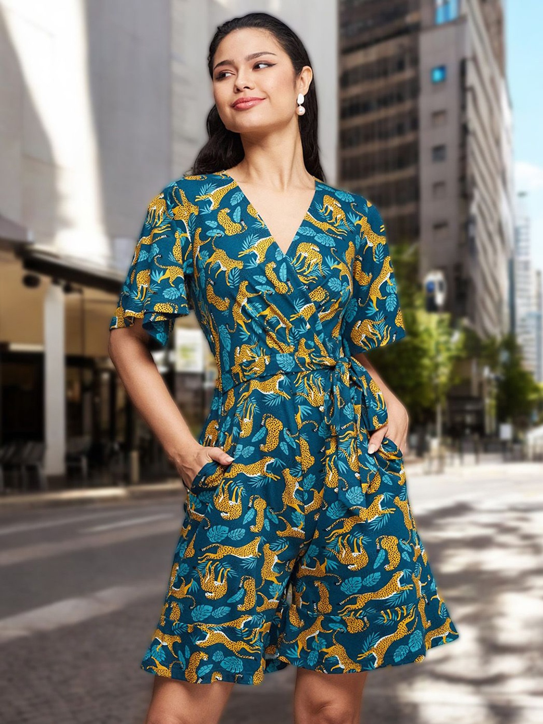 

Miss Chase Women Graphic Printed V-Neck Waist Tie-Ups Jumpsuit, Teal