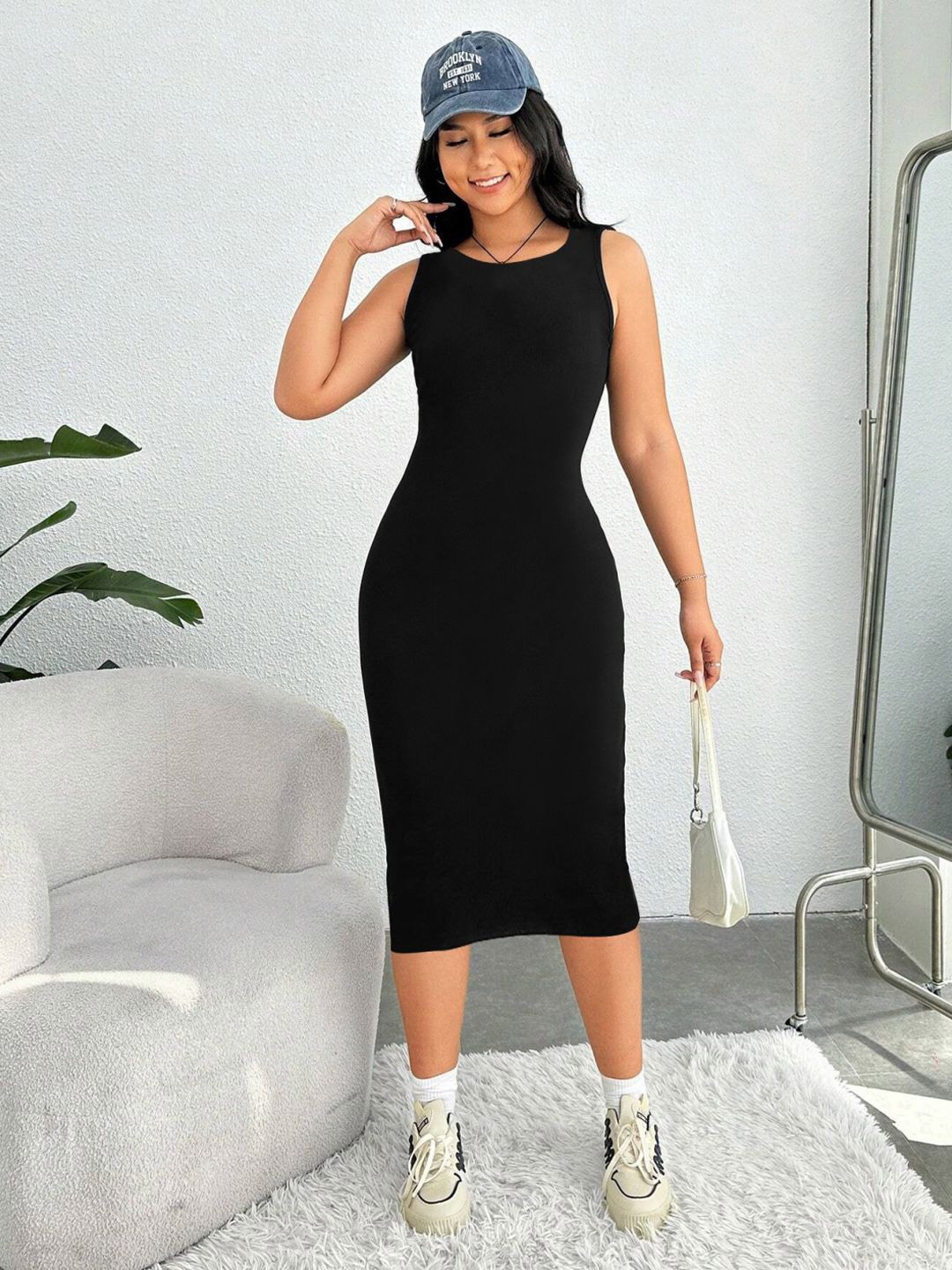 

TOOCHKI Women Round Neck Sleeveless Bodycon Midi Dress, Black