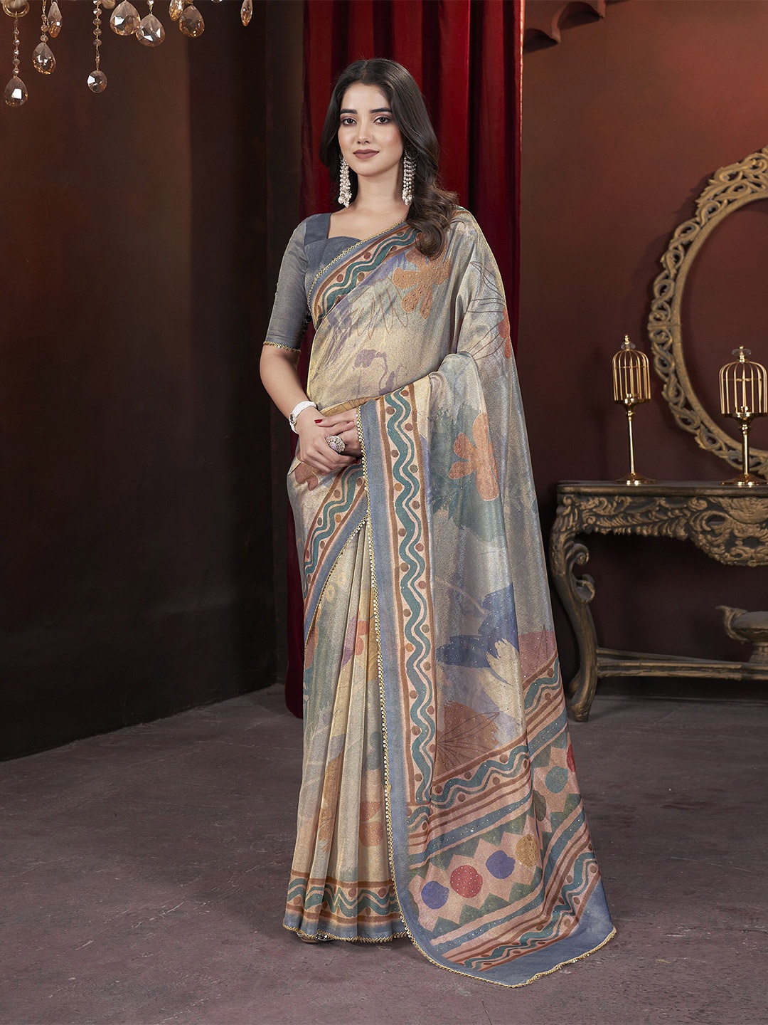 

DOI MOI Floral Mukaish Tissue Saree With Sequence Border, Grey