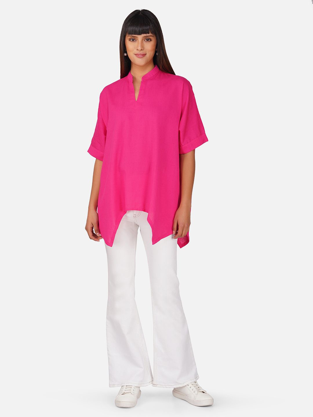 

EARTHY TWEENS Women Solid Mandarin Collar Cotton Top, Pink
