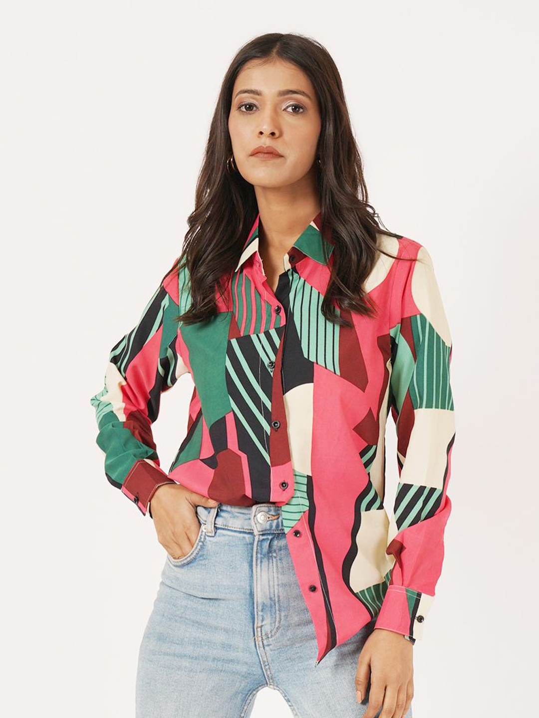 

ZWERLON Women Relaxed Fit Spread Collar Abstract Printed Casual Shirt, Red