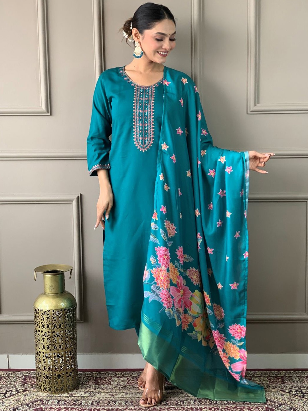 

NKV Yoke Design Round Neck Kurta With Trousers And Dupatta, Teal