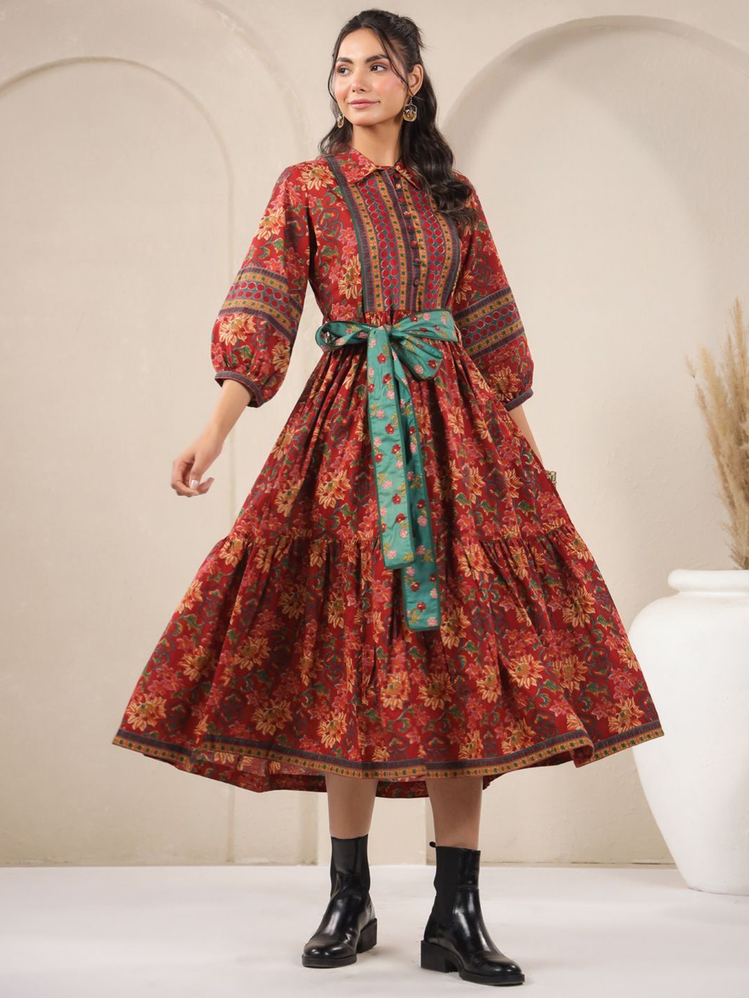 

Jaipur Morni Women Floral Print Fit & Flare Maxi Dress, Red