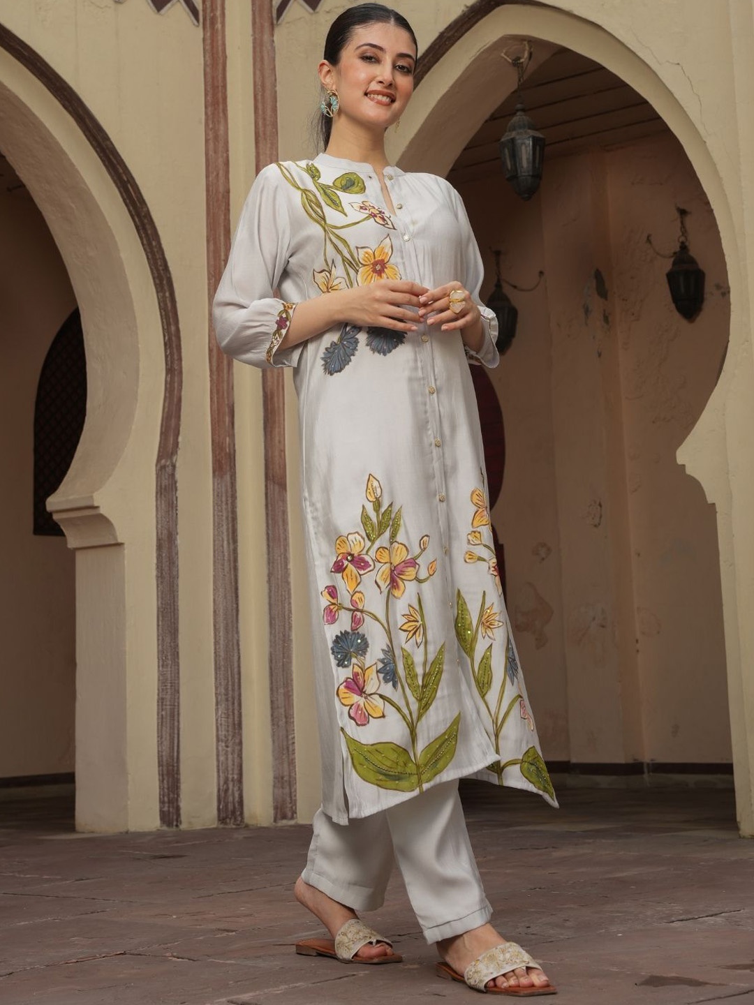 

ANUSHEET Printed Pure Cotton Tunic With Trouser Co-Ords, Grey