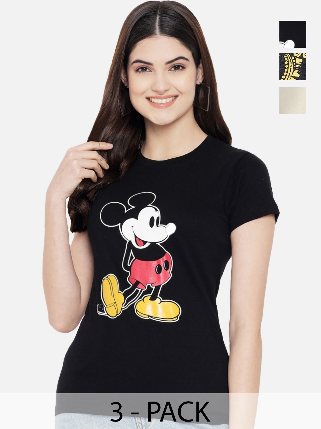 

Dreambe Women Pack Of 3 Mickey Mouse Graphic Printed Round Neck Cotton T-shirts, Black