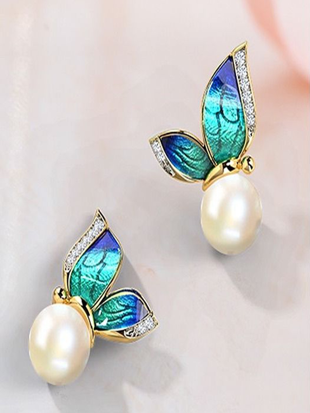 

DressBerry Gold-Plated Artificial Pearl Beaded Studs, Blue