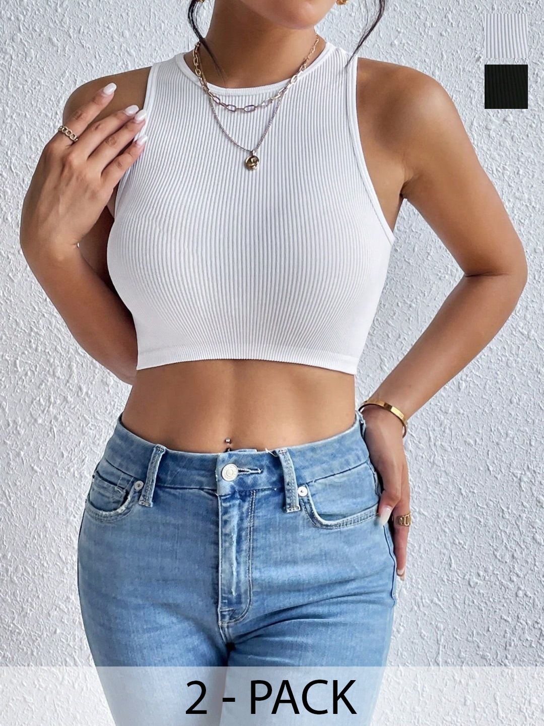 

TOOCHKI Women Pack Of 2 Ribbed Ribbed Round Neck Tops, White