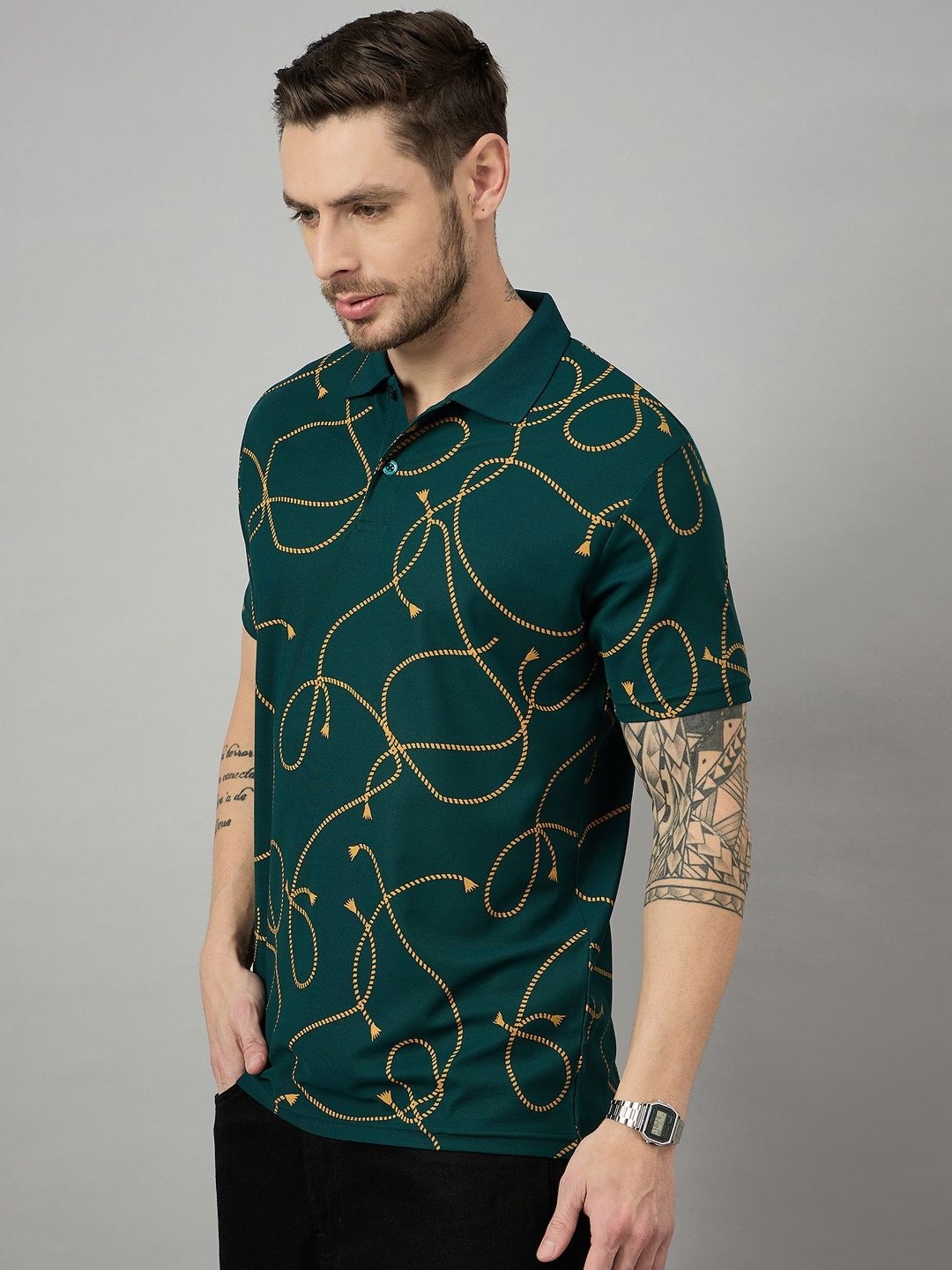 

BRONATION Men Abstract Printed Polo Collar Cotton T-shirt, Green