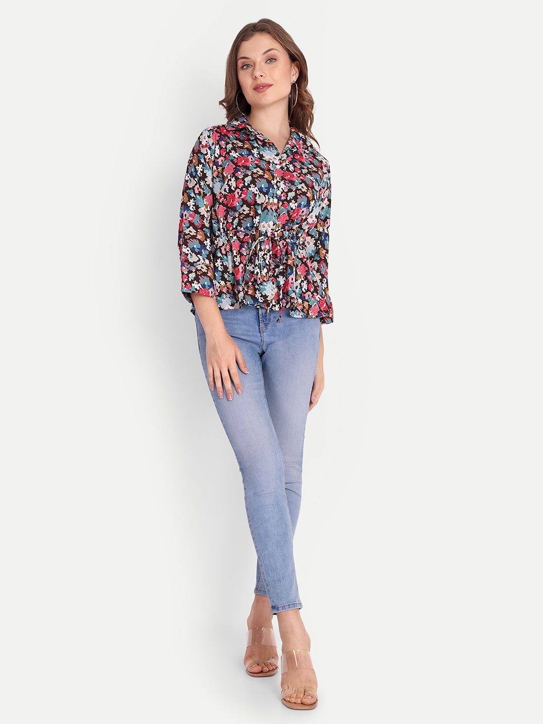 

FNOCKS e Organic Cotton Peplum Shirt Collar Printed Top, Multi