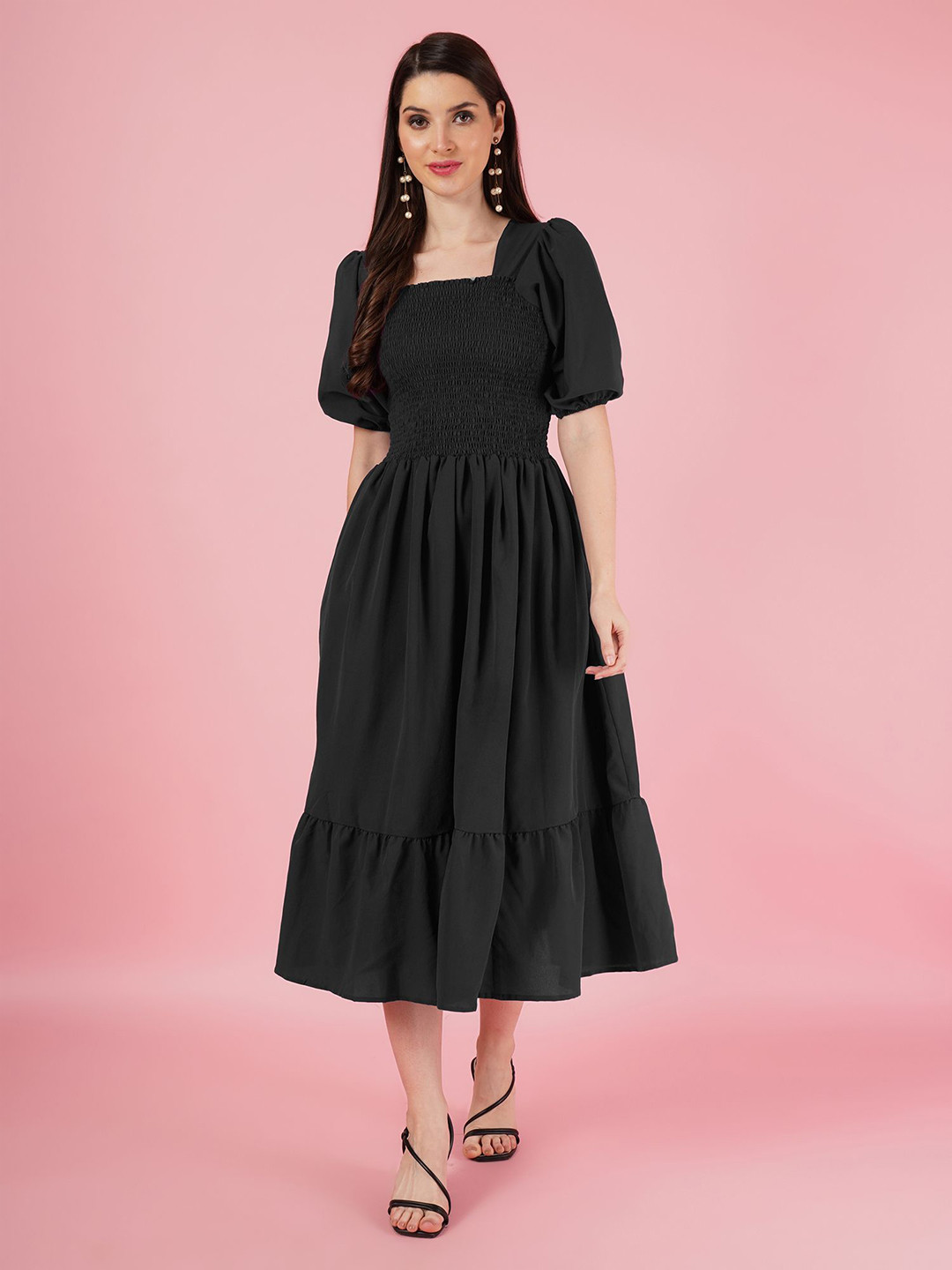 

ZWERLON Print Bell Sleeve A-Line Maxi Dress, Black