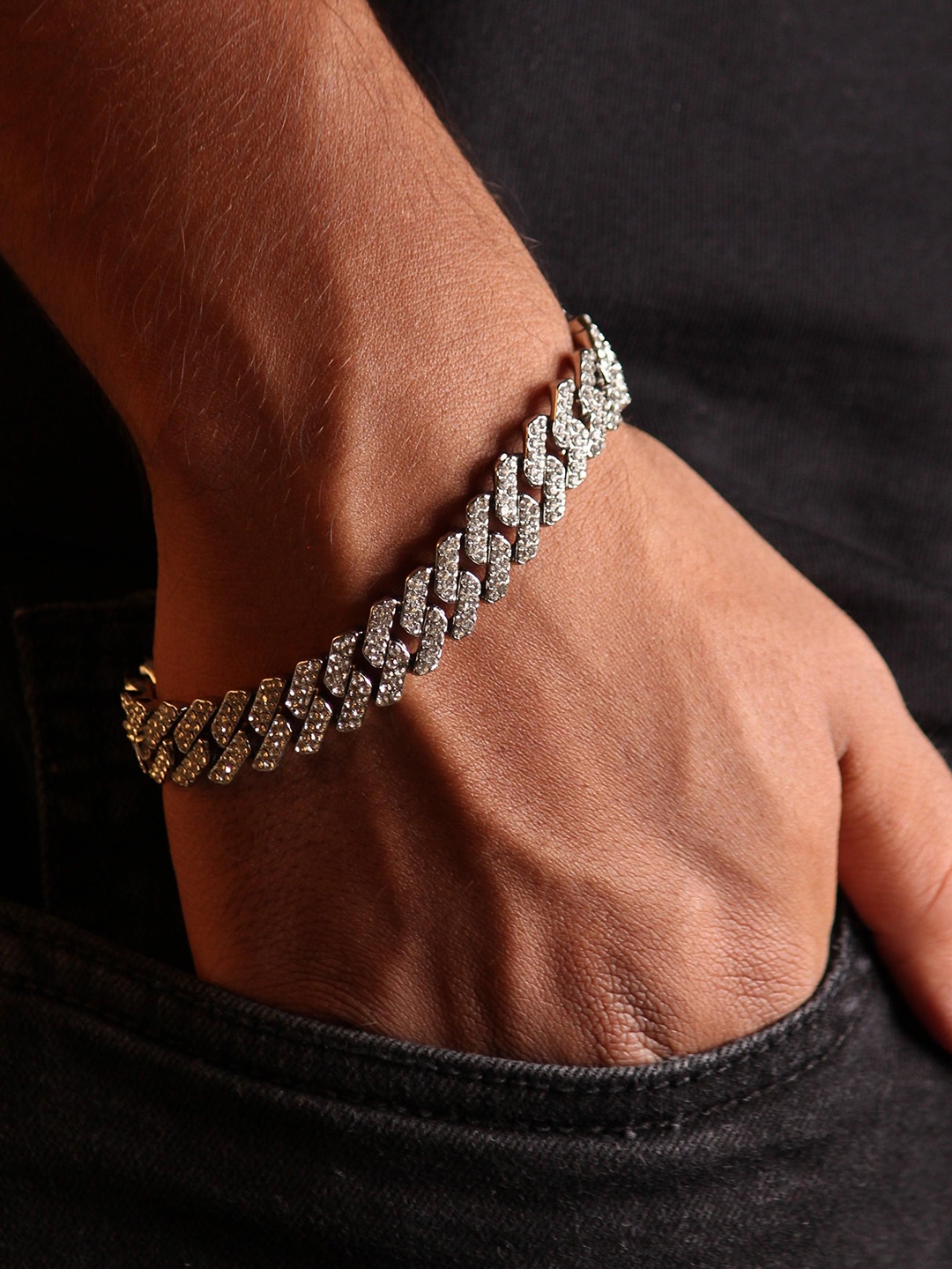 

LOCAL PITARA Men Stainless Steel Rhodium-Plated Cubic Zirconia Studded Link Bracelet, Silver