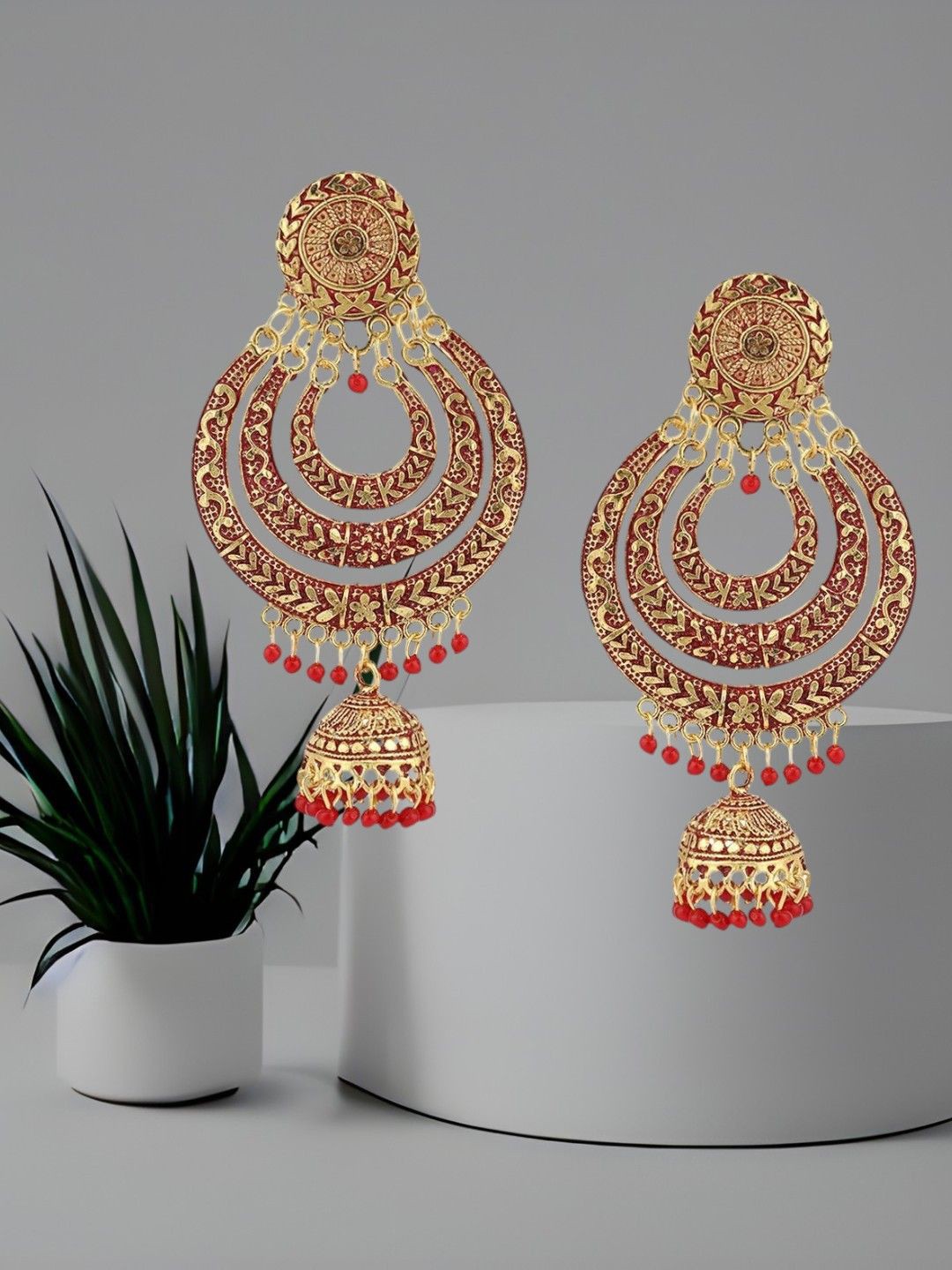 

Anouk Gold Plated Crescent Shaped Jhumkas, Red