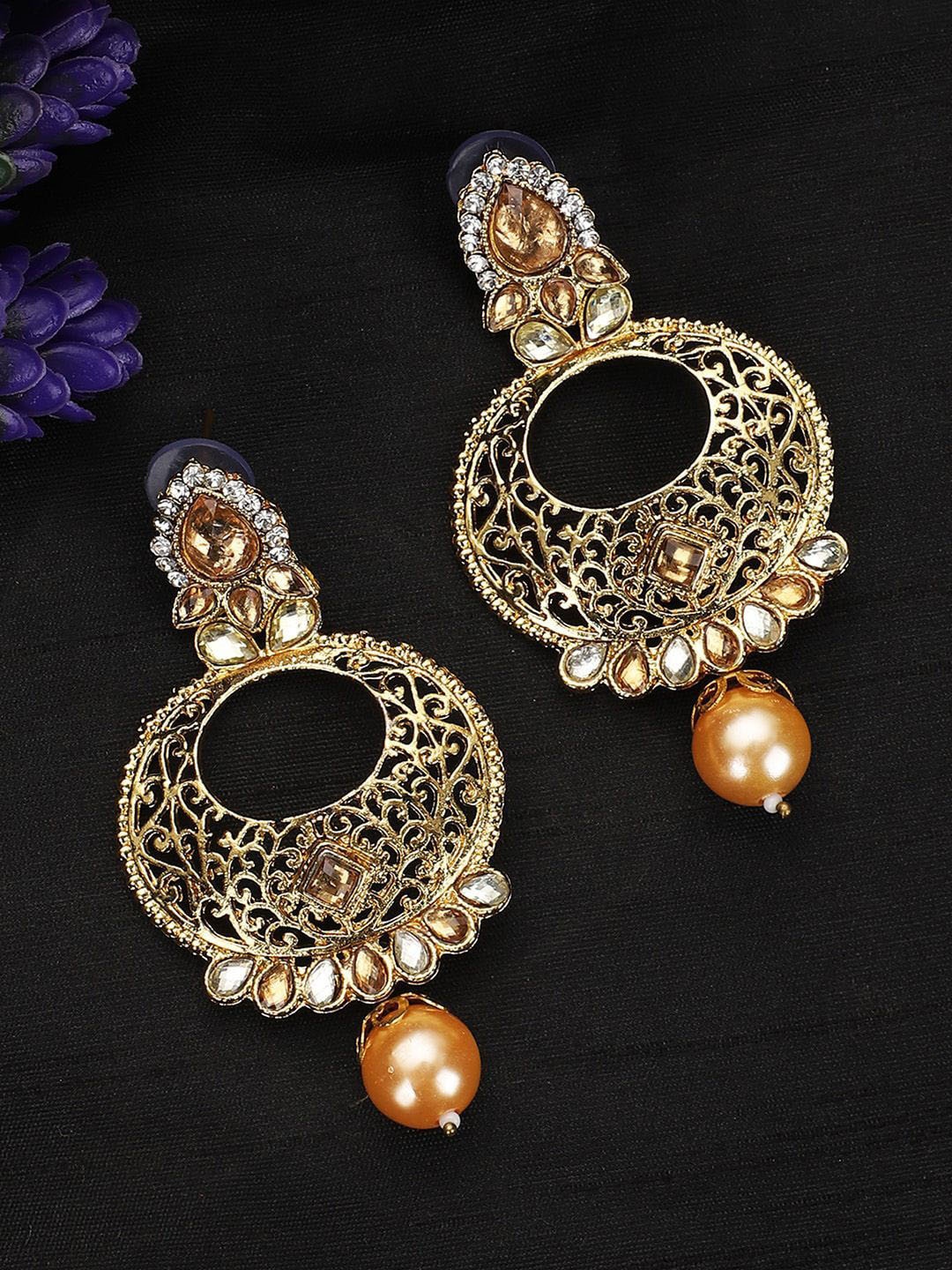 

Anouk Gold-Plated Kundan Studded & Pearls Beaded Contemporary Shaped Drop Earrings