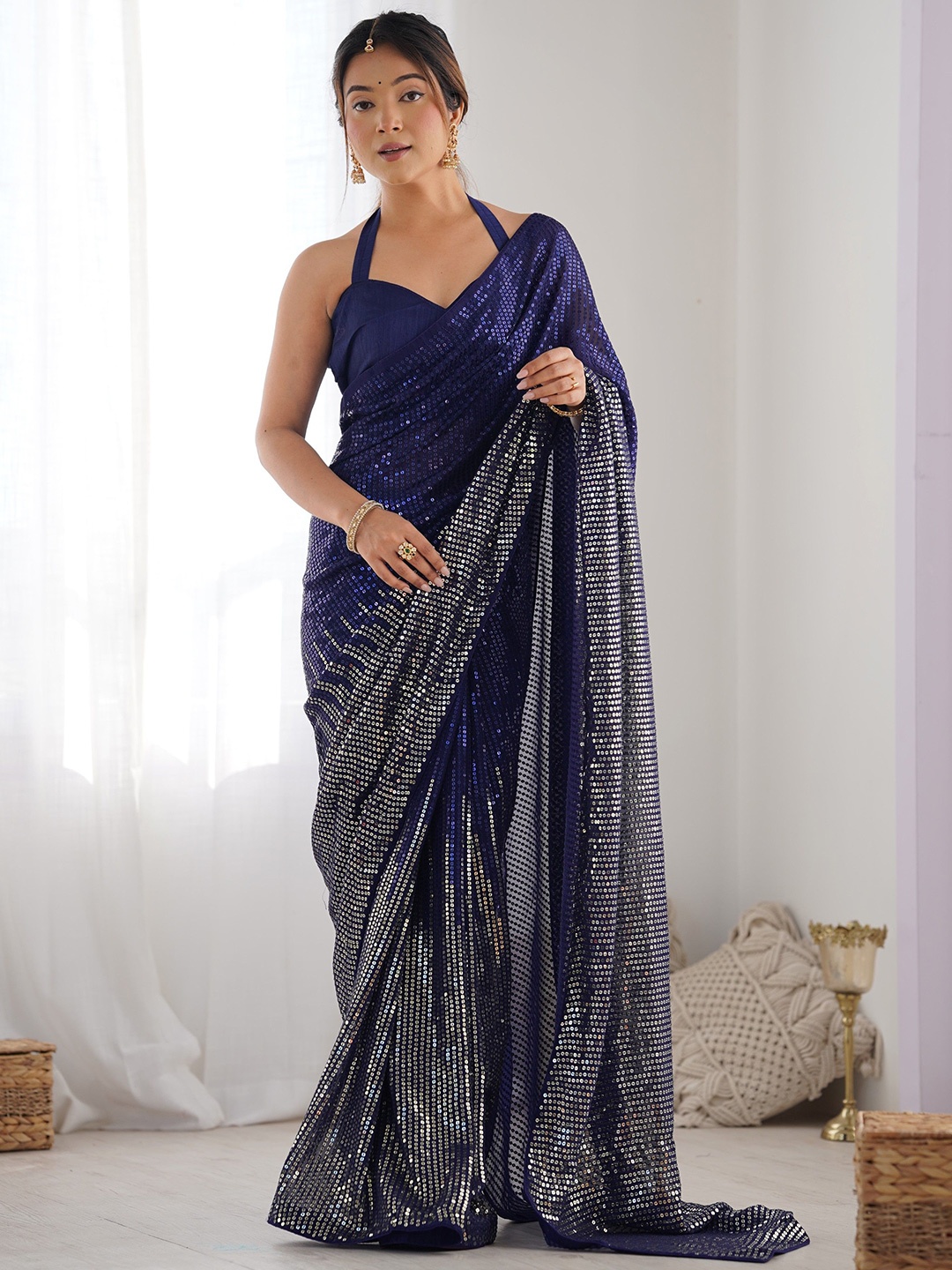

VARNI FABRICS Embellished Sequinned Pure Georgette Saree, Blue
