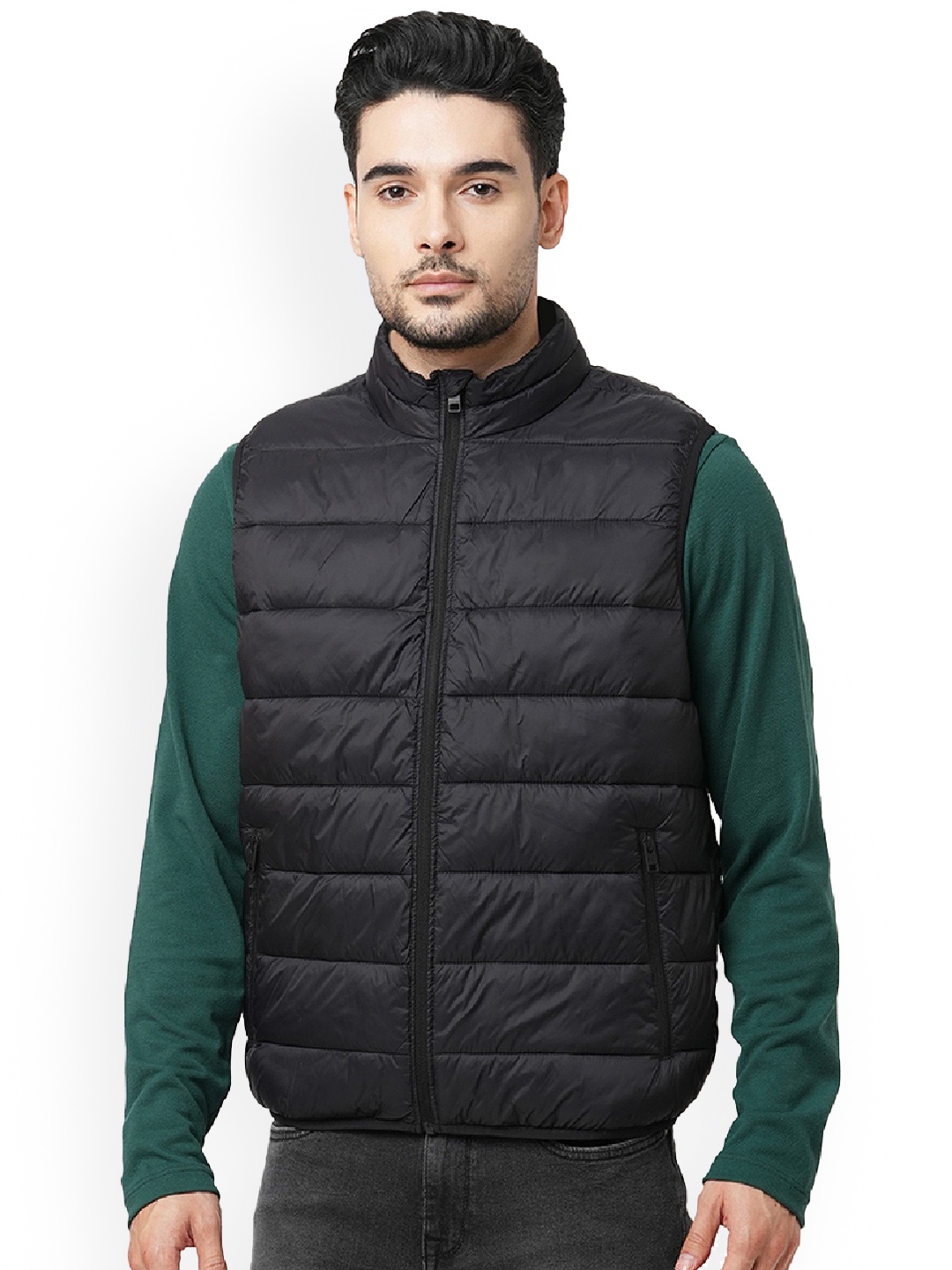 

Jack & Jones Men Mock Collar Solid Casual Puffer Jacket, Black
