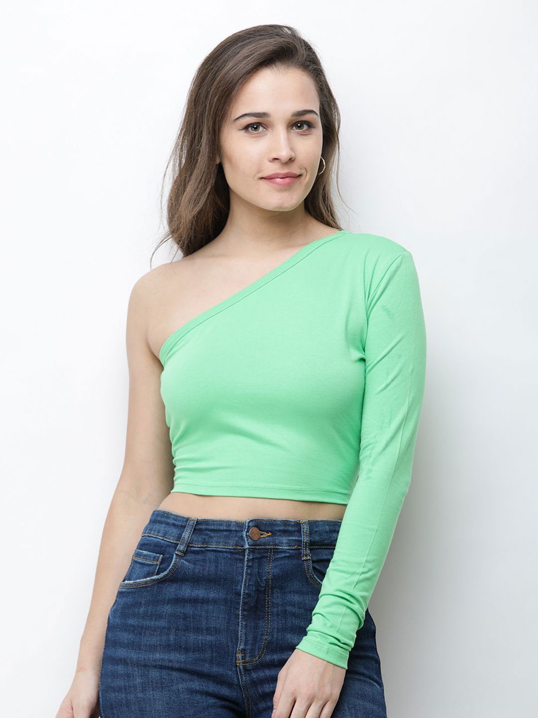 

Moda Rapido Women Solid One Shoulder CottonFitted Top, Green