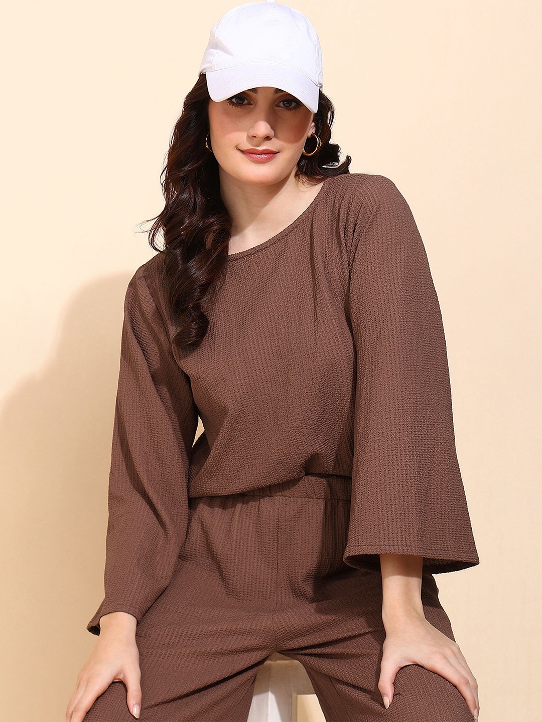 

Fashfun Solid Self Design Round Neck Long Sleeves Regular Top, Brown