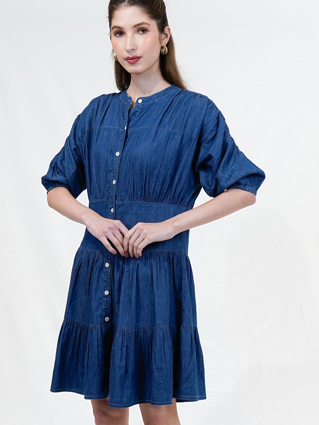 

COSMIC TRIO Women Puff Sleeve Tiered Denim Fit & Flare Dress, Blue