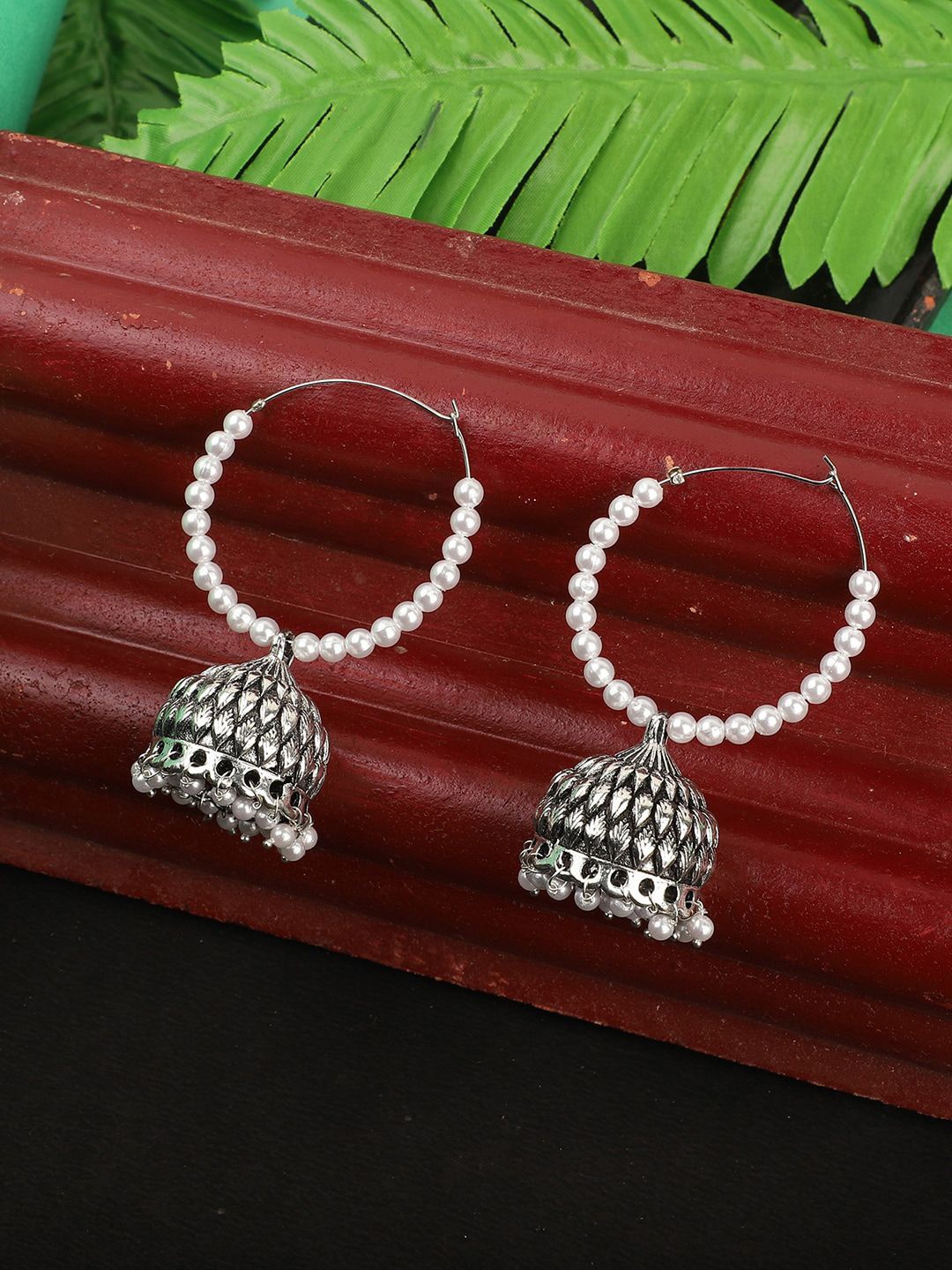 

Sangria Silver-Plated Artficial Beaded Dome Shaped Jhumkas