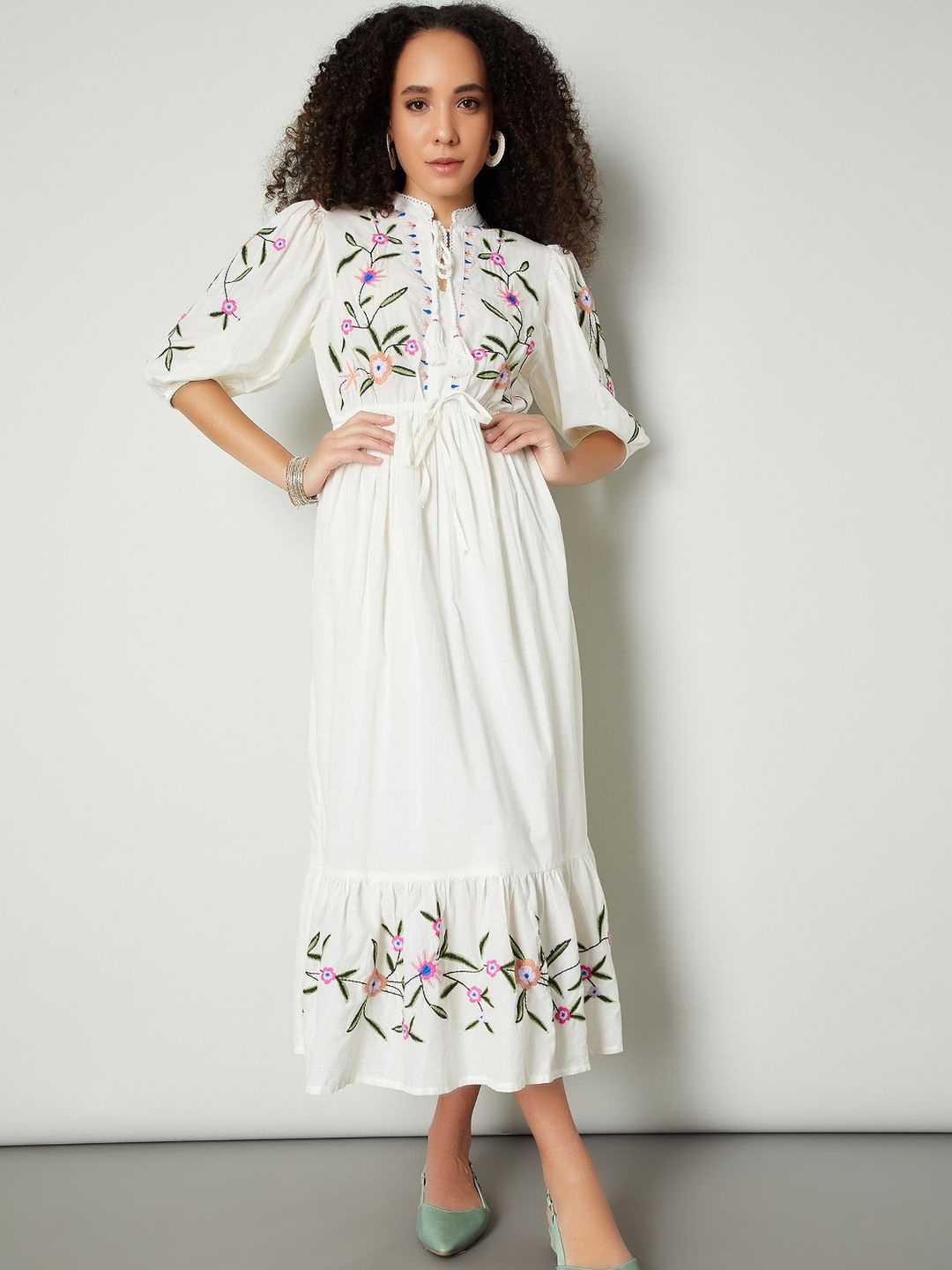 

max Floral Embroidered A-Line Tir-Ups Detailing Maxi Dress, White