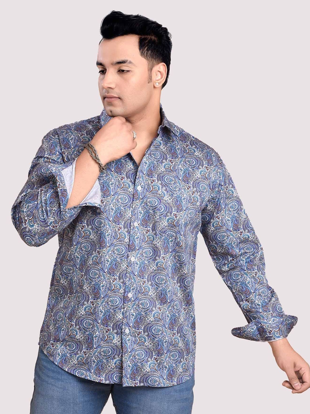 

Guniaa Men Plus Size Classic Fit Spread Collar Ethnic Motifs Printed Cotton Casual Shirt, Blue