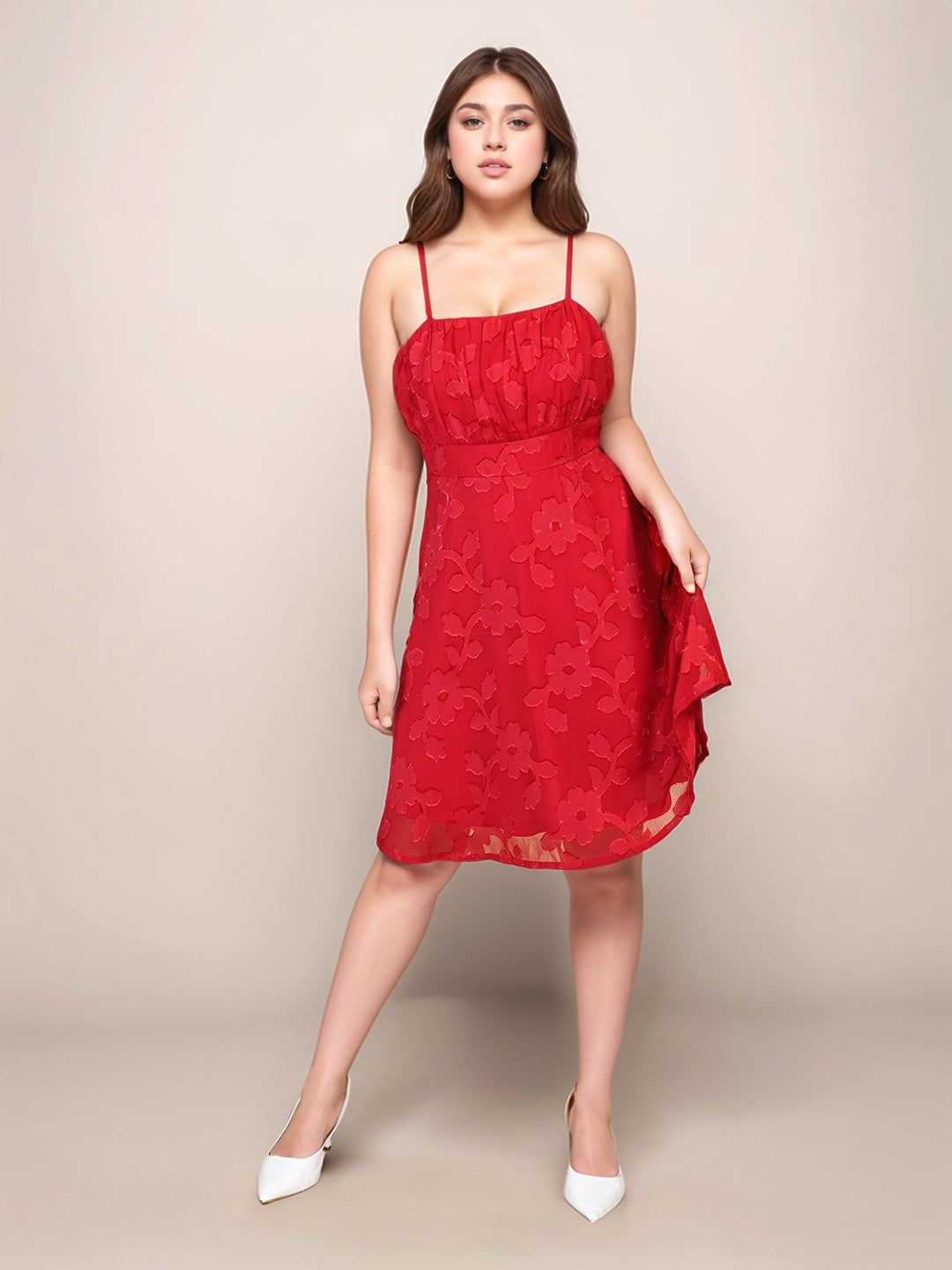 

Zink Women Crimson Red Textured Sleeveless Short Dress