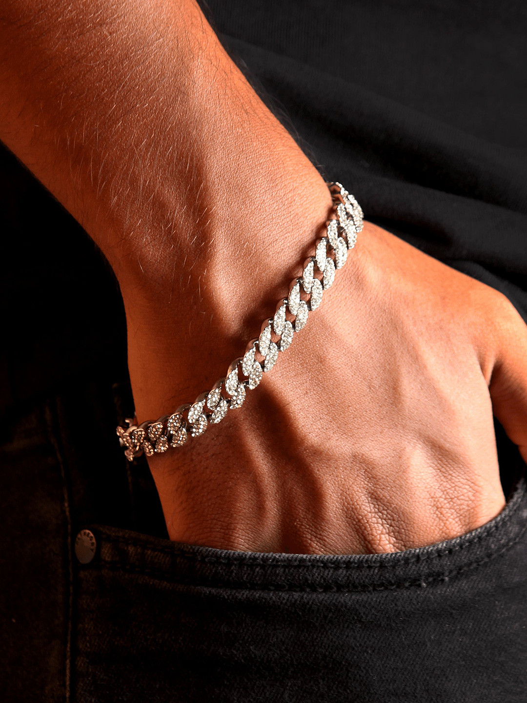 

LOCAL PITARA Men Stainless Steel Rhodium-Plated Cubic Zirconia Studded Link Bracelet, Silver