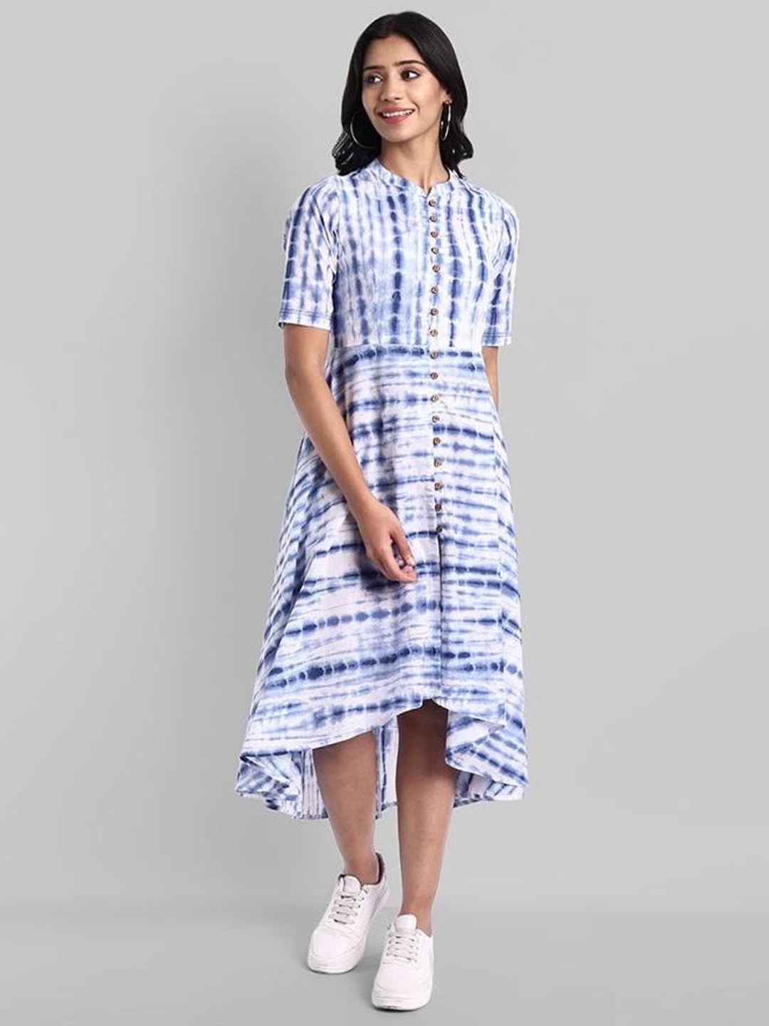 

Mera Rang Women's Cotton Tie and Dye Print Fit & Flare Mandarin Collar Dress, Blue