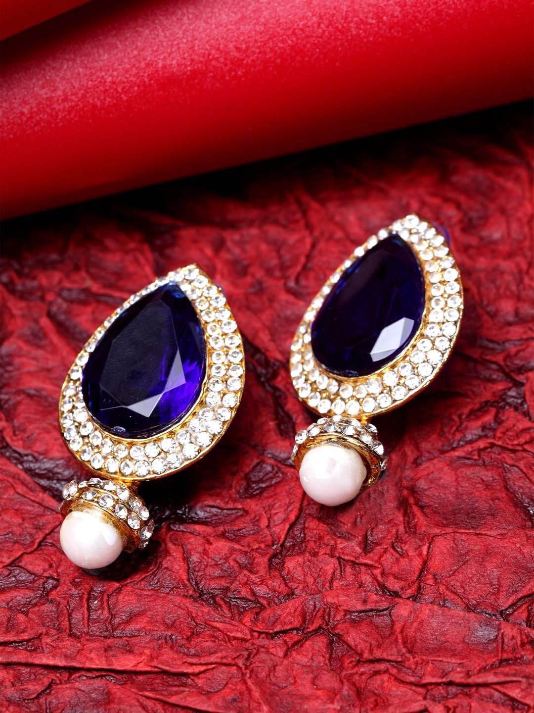 

Anouk Gold Plated Artificial Stones Studded And Beaded Teardrop Shaped Drop Earrings, Blue
