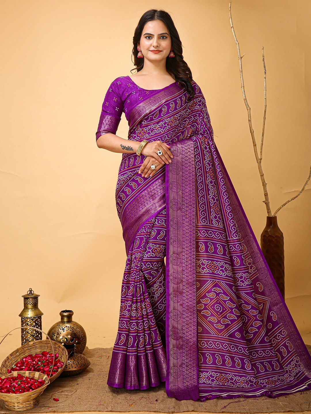 

KALINI Bandhani Zari Art Silk Banarasi Saree, Purple