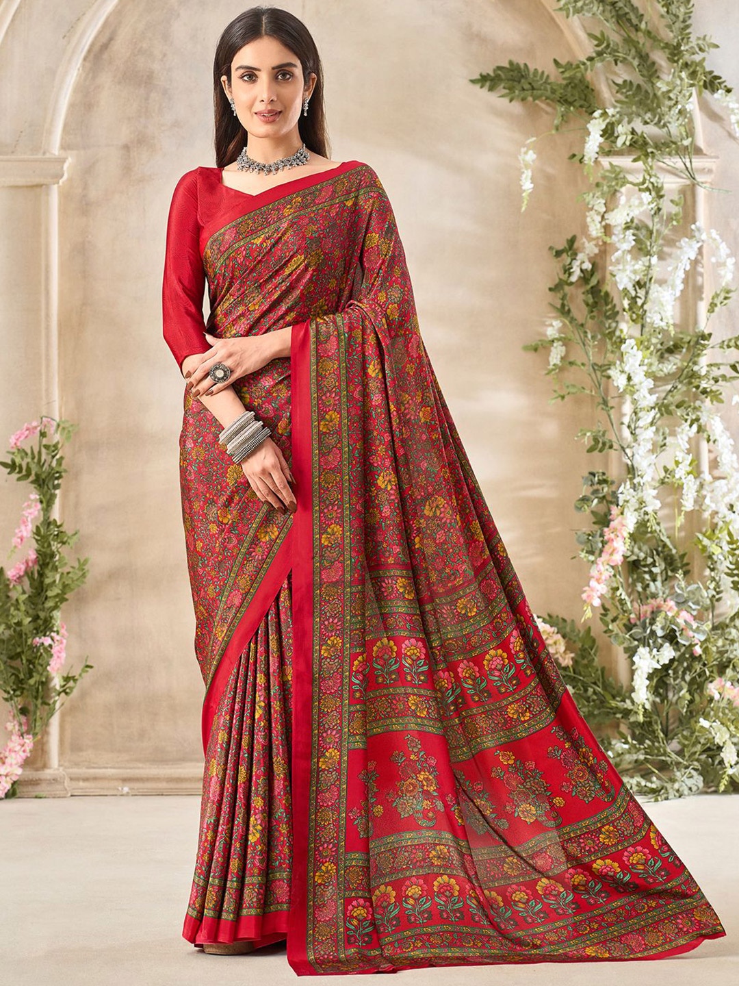 

LeeliPeeri Designer Floral Poly Crepe Saree, Red