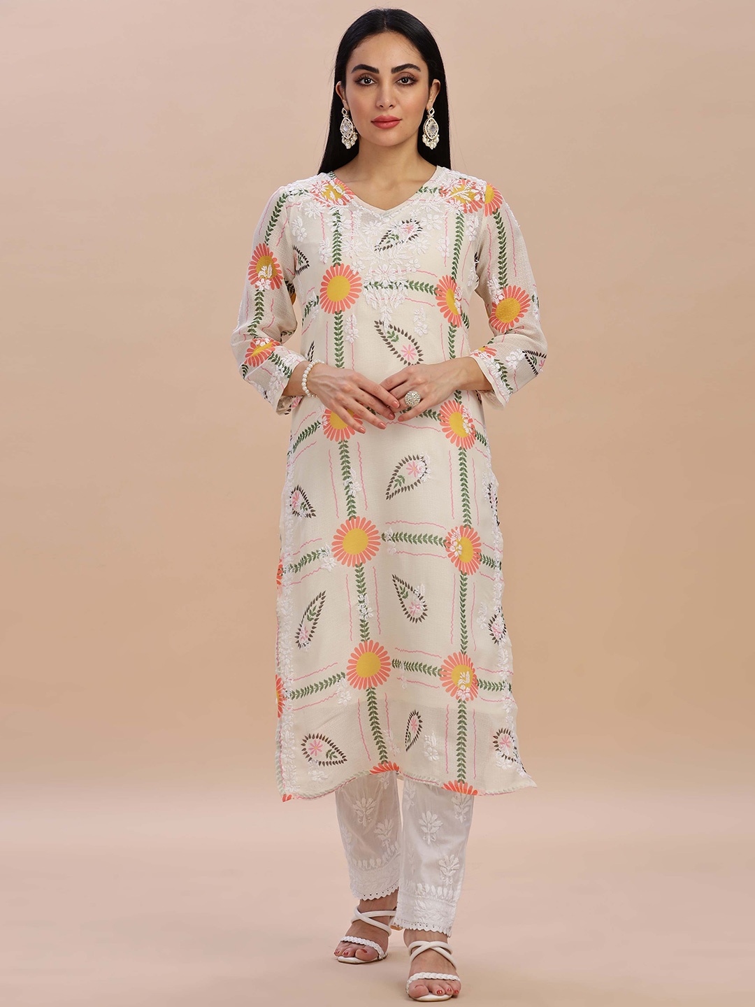 

Club Loom Ethnic Motifs Embroidered Chikankari Kurta Sets, Cream