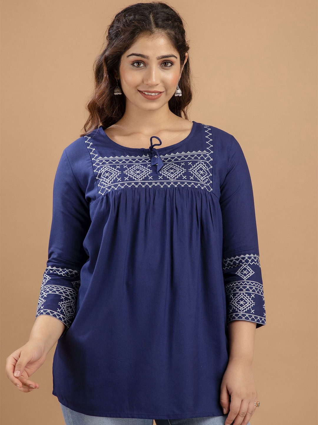 

AVAYAYAT Embroidered Keyhole Neck Top, Blue