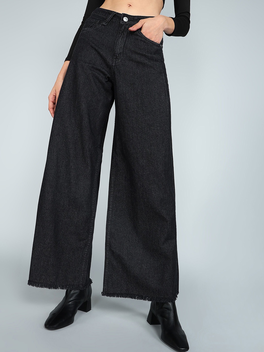 

Mast & Harbour Women Flared High-Rise Frayed Denim Jeans, Black
