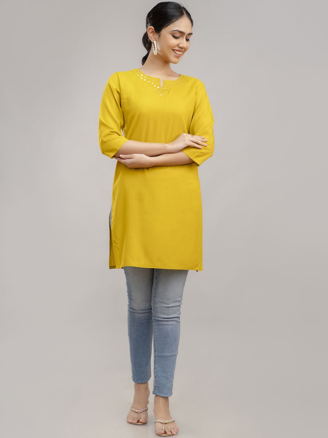 

KARAGRE Mirror Work Notch Neck Straight Kurta, Mustard