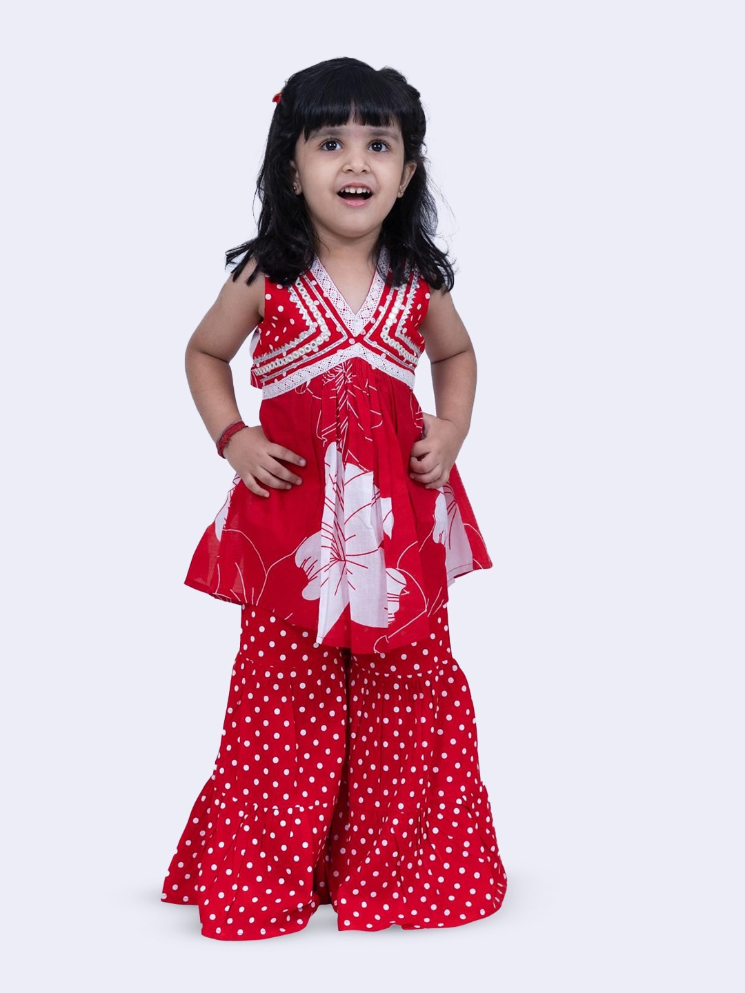 

Twisha Girls Printed V-Neck Pure Cotton Top With Sharara, Red
