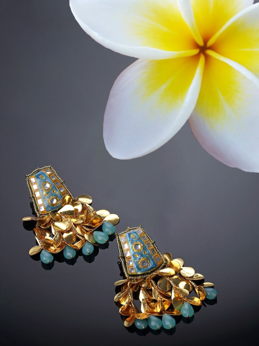 

DUGRISTYLE GGold-Plated Kundan Studded Contemporary Shaped Drop Earring, Blue