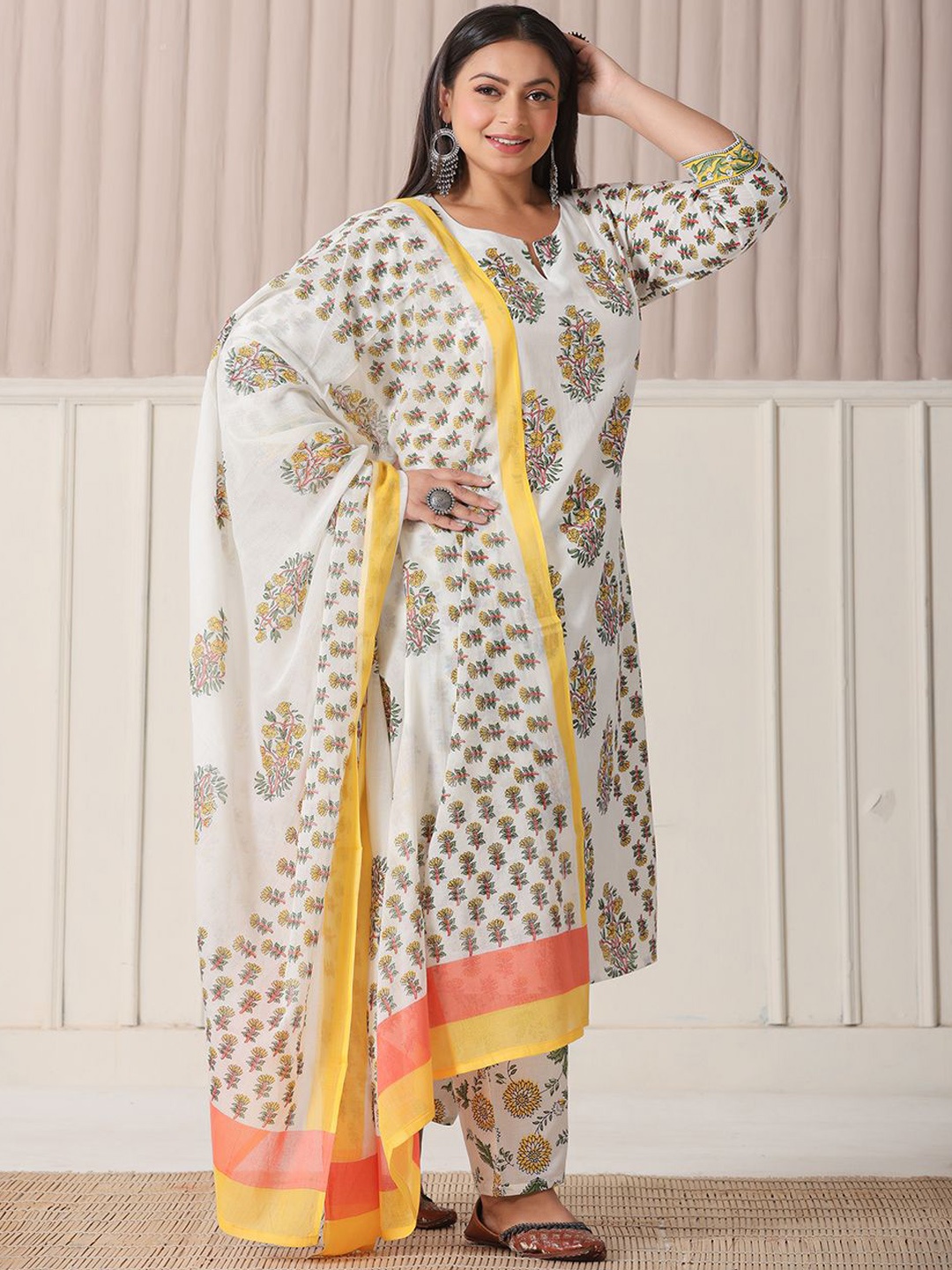 

Yufta Plus Size Floral Printed Sequinned Pure Cotton Kurta With Trousers & Dupatta, White