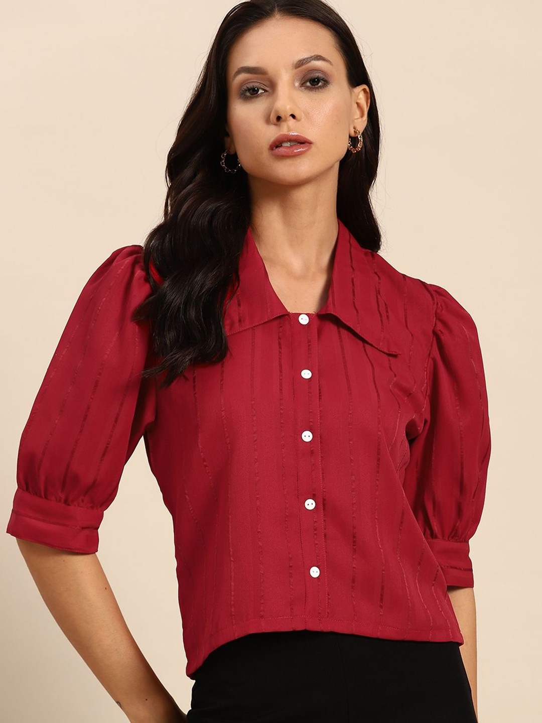 

DressBerry Women Above the Keyboard Collar Solid Casual Shirt, Red