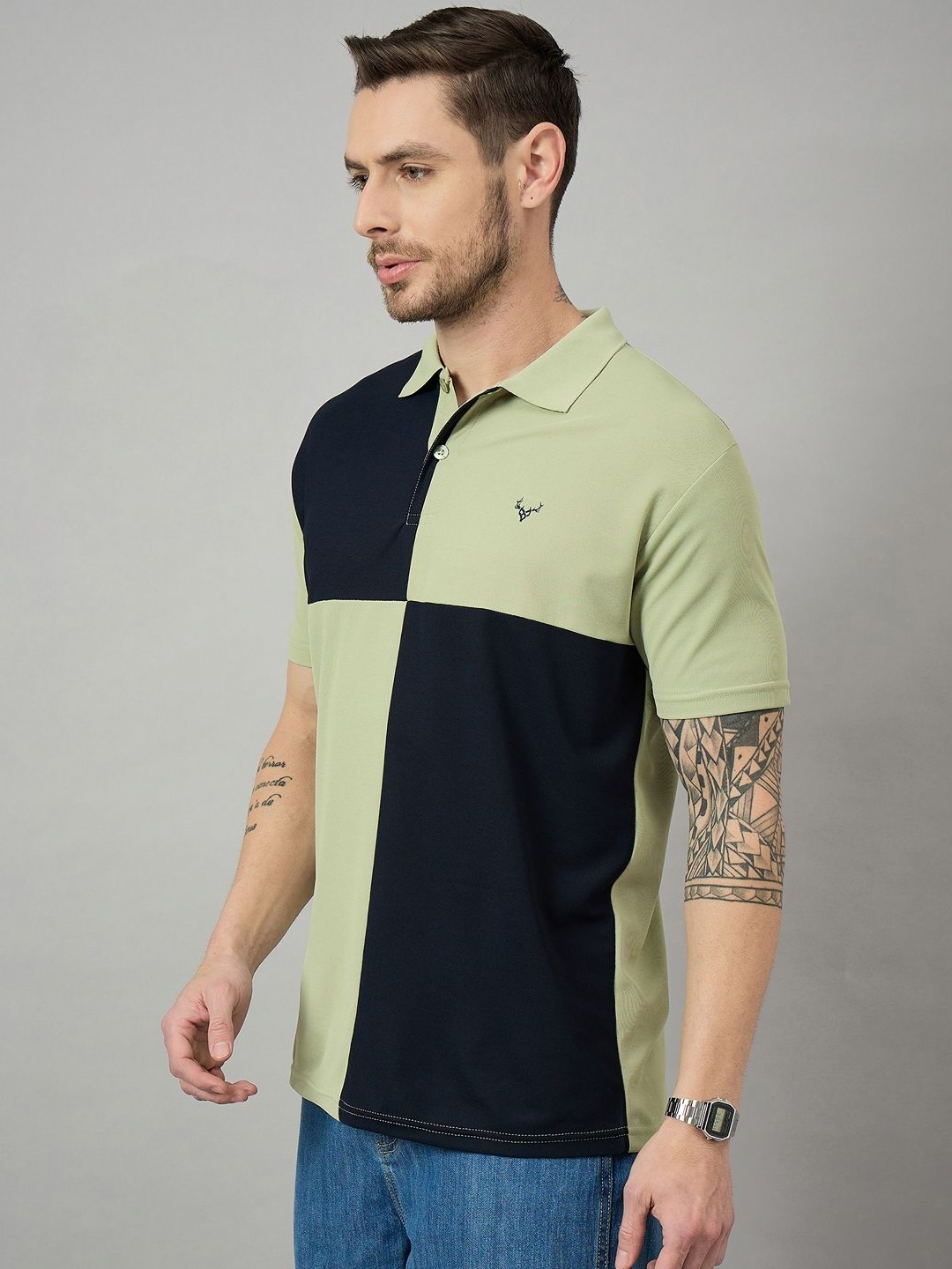 

BRONATION Men Colourblocked Polo Collar Cotton T-shirt, Sea green