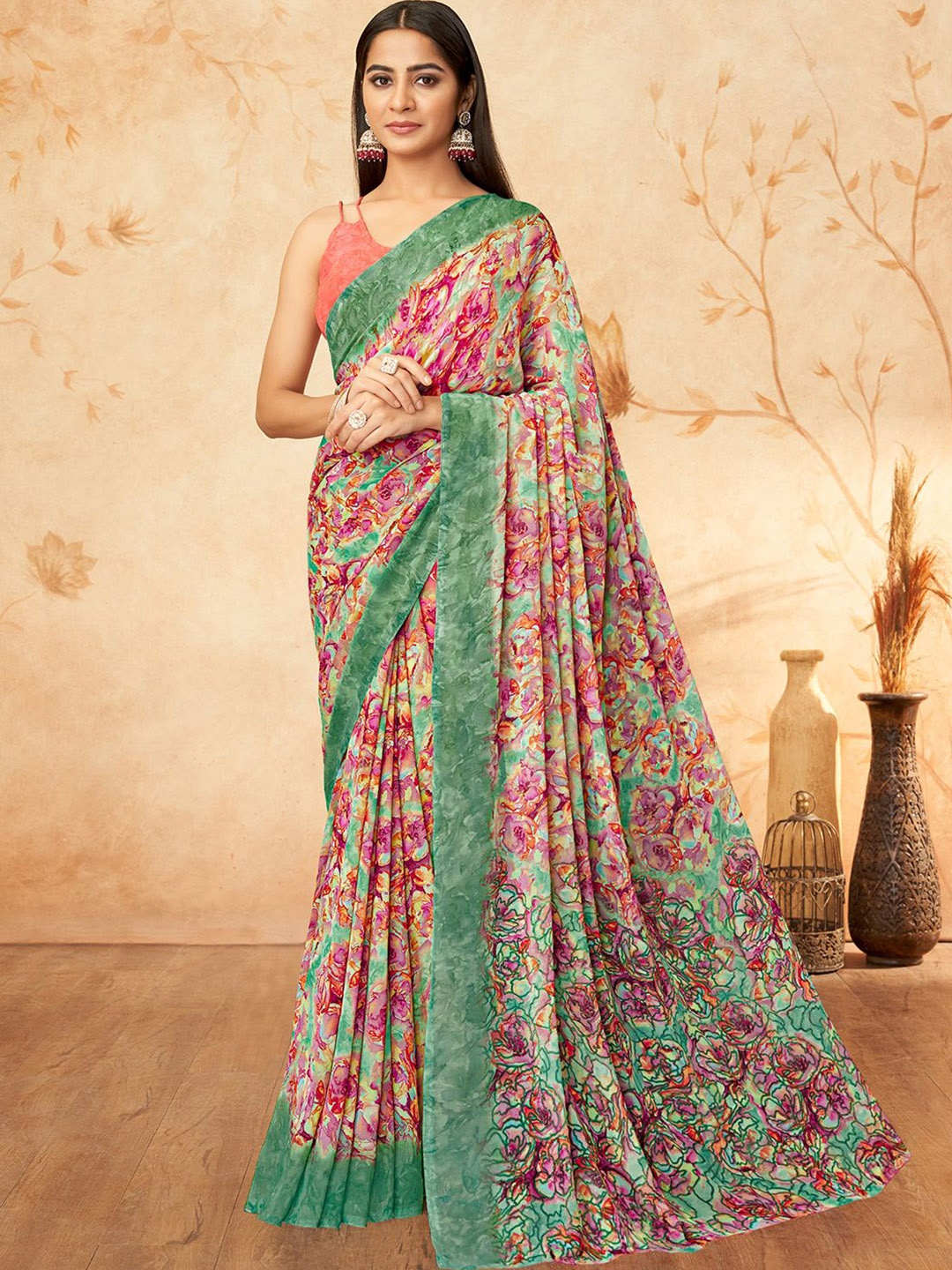 

LeeliPeeri Designer Floral Poly Georgette Saree, Green