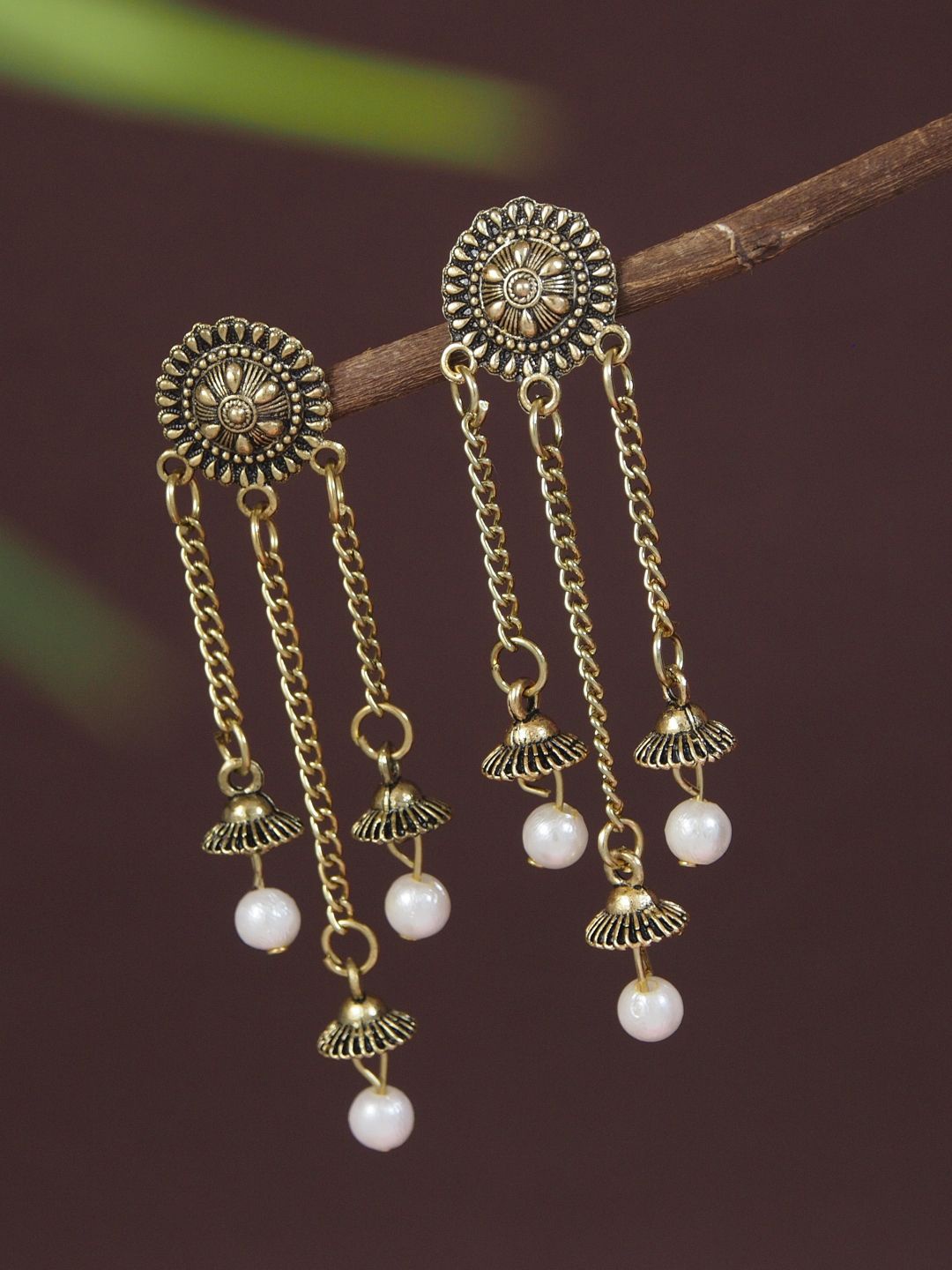

I Jewels Gold-Plated Contemporary Shaped Beaded Dangler Drop Earrings