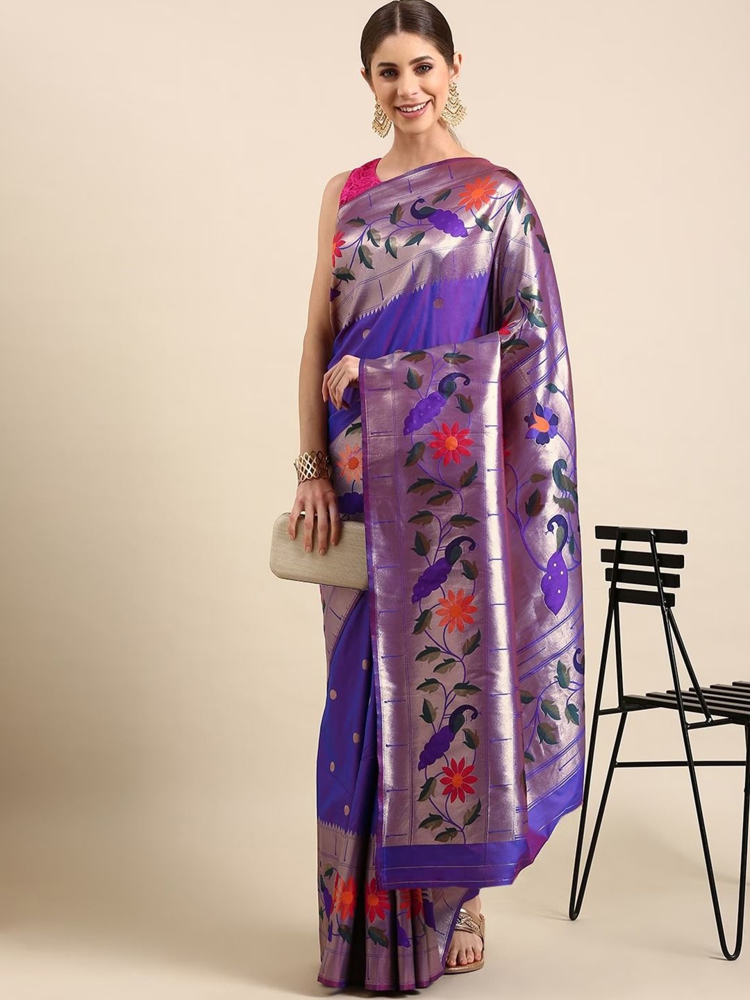 

DIVASTRI Woven Design Zari Silk Blend Paithani Saree With Unstitched Blouse Piece, Purple