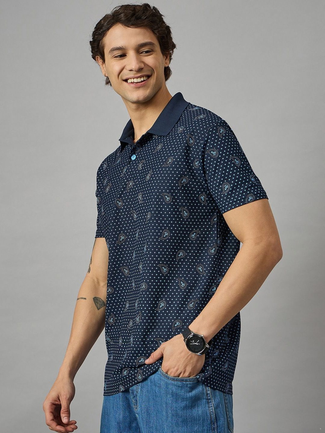 

BRONATION Men Geometric Printed Polo Collar Cotton T-shirt, Navy blue