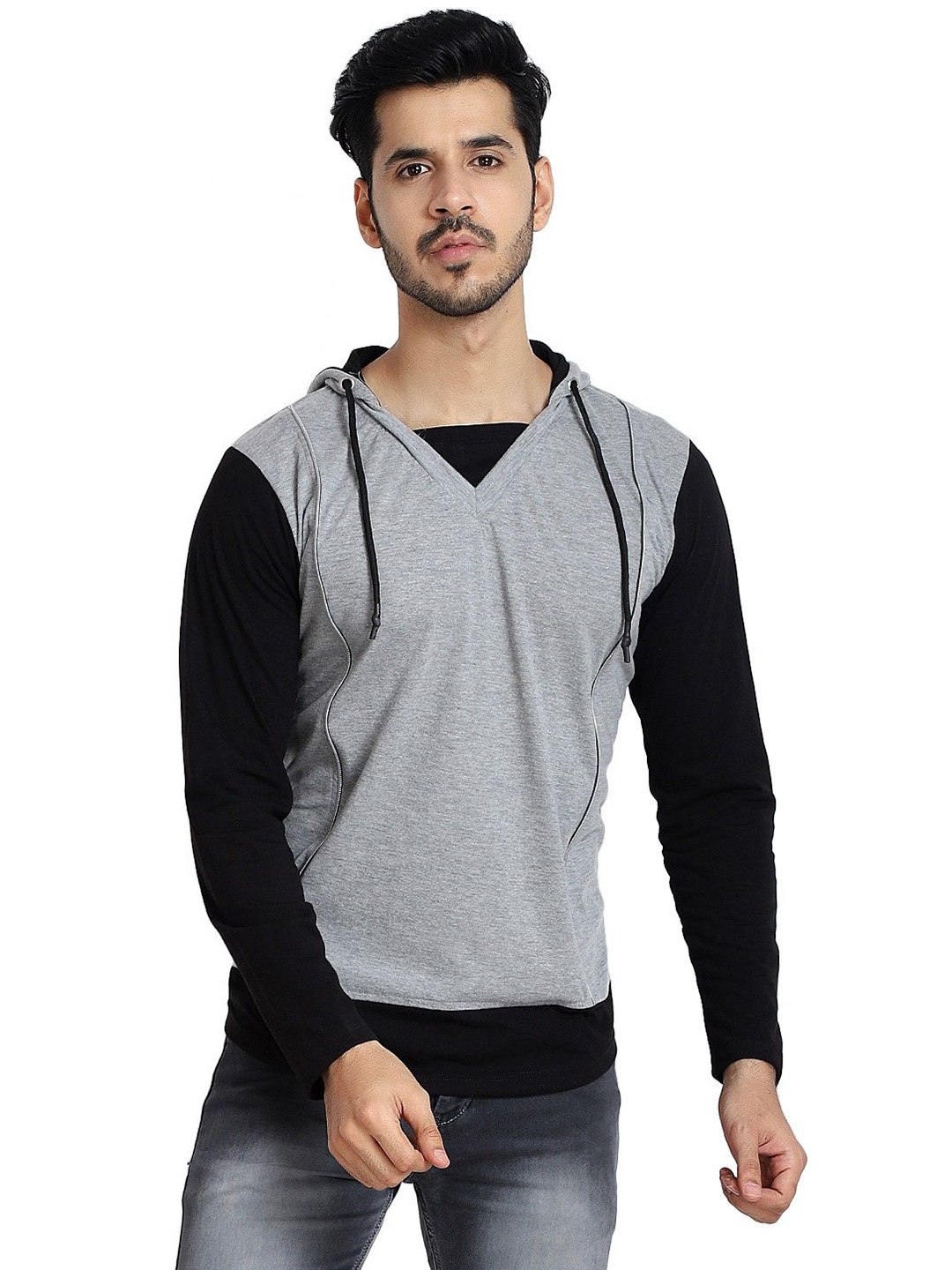 

Black Collection Men Solid Hood Cotton T-shirt, Grey